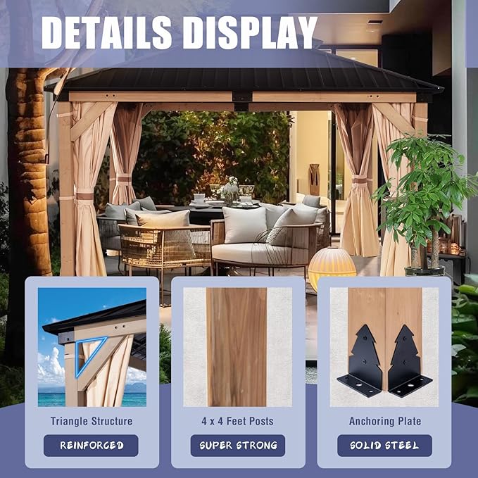 CHARMELEON Hardtop Wood Gazebo 10x12 ft – Cedar Wood Frame Gazebo with Double Metal Roof – Outdoor Wooden Gazebos Pavilion for Patio, Backyard and Deck – Frosted Black Top & Grayish Brown Frame