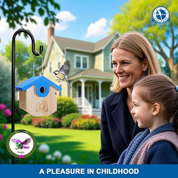 Wren Bird Houses for Outside Cedar Hanging Birdhouses for Outdoors 1-1/8" Entrance Hole Bird Houses for Outside Clearance Wooden Nesting Box Chickadee Predator Guard, Blue
