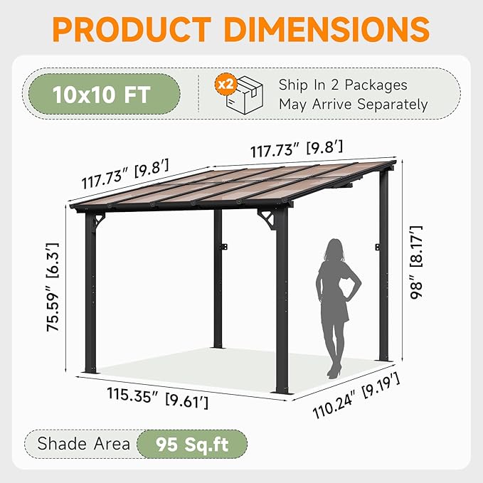 10x10FT Lean to Gazebo, Hardtop Metal Pergola with Polycarbonate Roof, Large Wall Mounted Heavy Duty Awnings, Patio Canopy for Backyard, Deck, Porch
