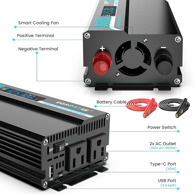 1000W Pure Sine Wave Inverter - 12V DC to 110V/120V AC Car Power Converter with 2 AC Outlets, USB Port, Type-C Port, LCD Display Power Inverter for Car, Truck, Home, Vehicles, Laptop