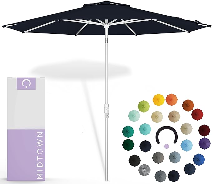 Midtown Umbrellas The Swilt 10 Feet Patio Umbrella in Sunbrella Canvas Navy Acrylic Fabric - Fiberglass Ribs, Auto-Tilt Aluminum Frame For Backyard, Deck, Garden, Pool - White Pole