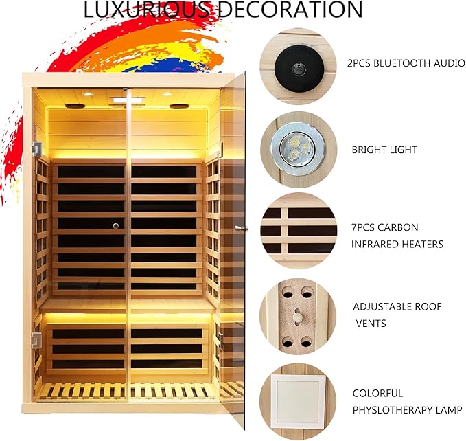 2 Person Infrared Sauna, Hemlock Wood Low EMF Far Infrared Saunas, 1780W/120V Indoor Personal Sauna Room Box with APP Control, Glass Door, Blue-Tooth, LCD, LED Reading Light, 7-Color Light Therapy