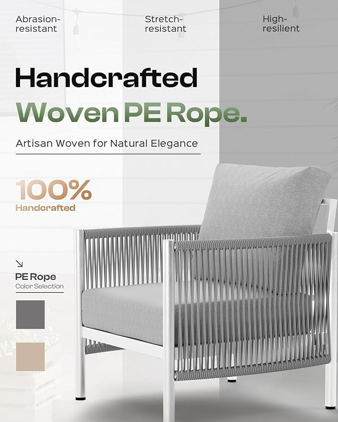 Aluminum Outdoor Patio Furniture Set, HDPE Rope 4 Piece Modern Sectional Conversation Sets with Dual-Layer Coffee Table, All Weather Patio Couch Set with Thick Cushions, Silver Frame, Silver