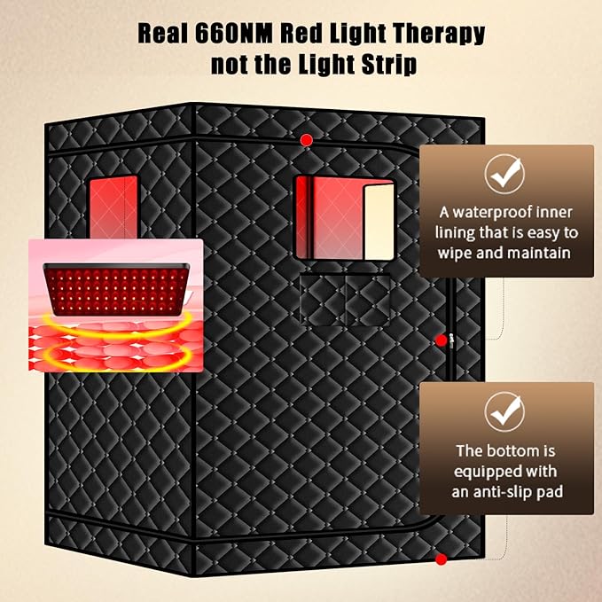 Smartmak 2 Person Portable Sauna Box with Infrared 660nm Red Light Therapy Lamp for Home Relaxation, Large Full Body Sauna Tent, 185°F1500W High Power Hot Air Heating Saunas Spa Pod, 2 Folding Chairs