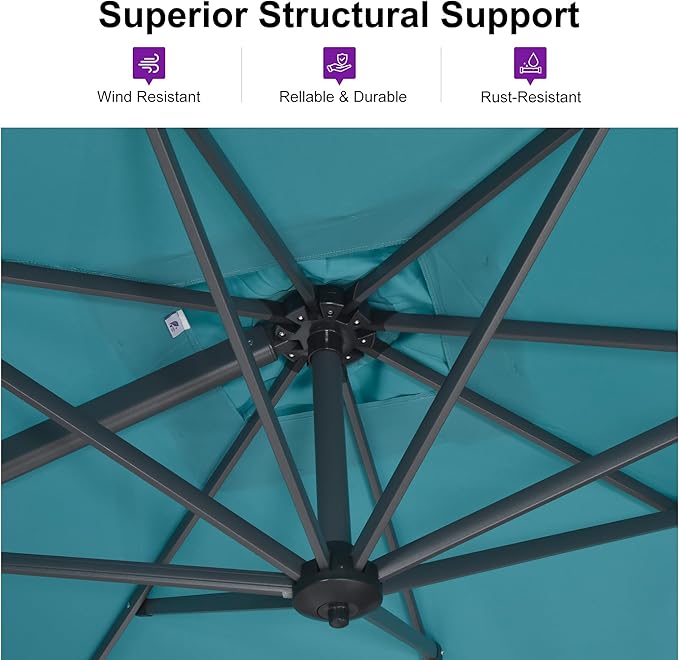 PURPLE LEAF Patio Umbrella with Base 10 Feet Outdoor Cantilever Square Umbrella Aluminum Offset Umbrella with 360-degree Rotation for Garden Deck Pool Patio, Turquoise Blue