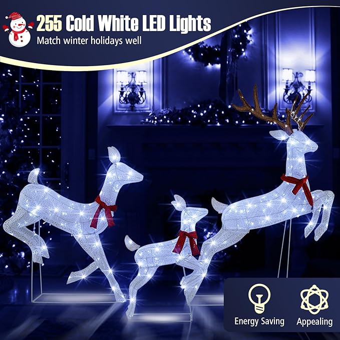 Tangkula 3-Piece Christmas Lighted Reindeer Family Set, Xmas Pre-Lit Reindeer with 255 Cold White LED Lights, Ground Stakes & Zip Ties, All-Weather Festive Decoration for Indoor Outdoor