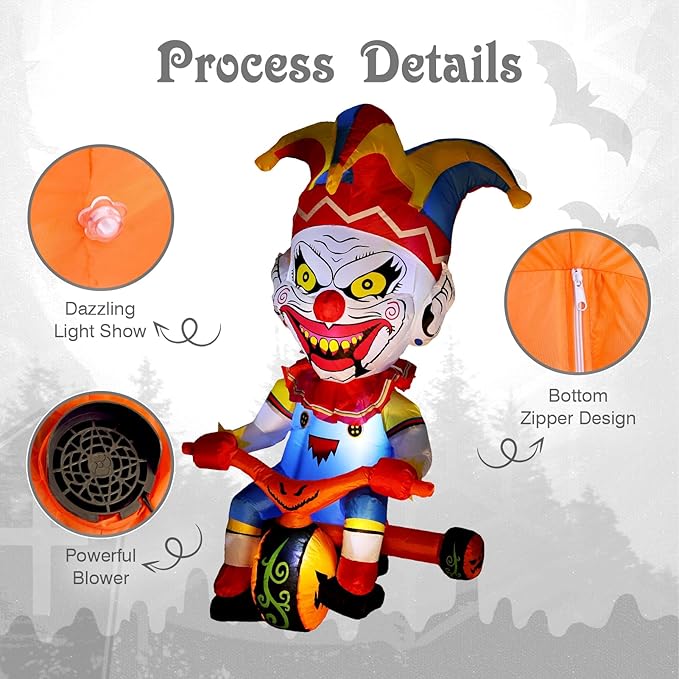 WBHome 5 Ft Halloween Inflatable Outdoor Clown Bicycle Decorations, Day of The Dead Blow Up Yard Decor with Built-in LED Light (Plug in) for Lawn Home Dia de Los Muertos Party Indoor Outdoor