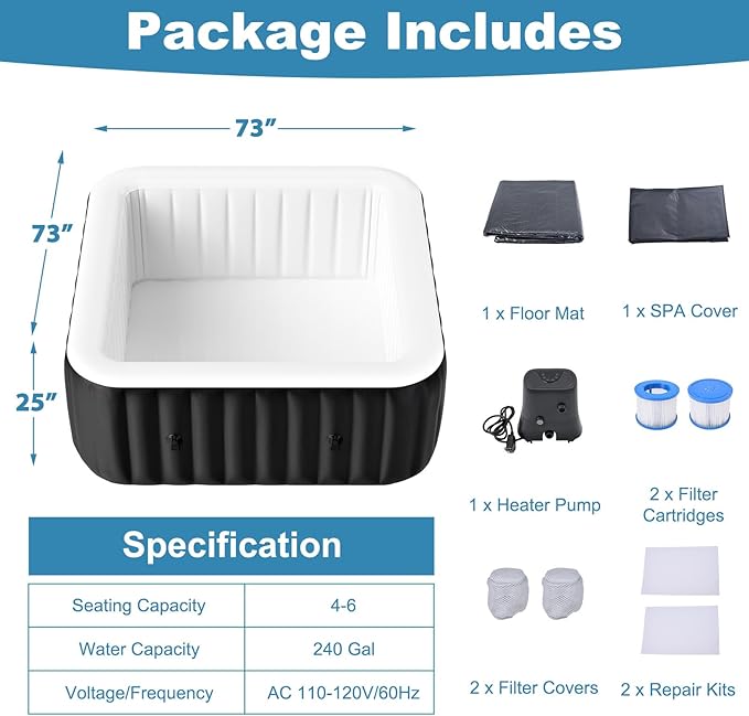 NAIZEA Inflatable Hot Tub - Outdoor Hot Tubs 4 to 6 Person, Portable Blow Up Spa Square Portable Hot Tub, 130 Soothing Bubble Air Jets, Cover, 2 Filter, 240 Gallon,73x73x25 in