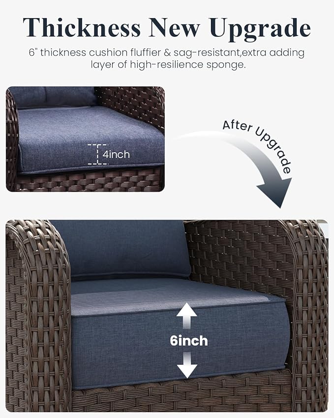 LayinSun 7 Piece Wicker Outdoor Furniture Set with 6-inch Comfy Cushions, High Back Patio Furniture Set with Swivel Rocking Chairs and Fire Pit Table