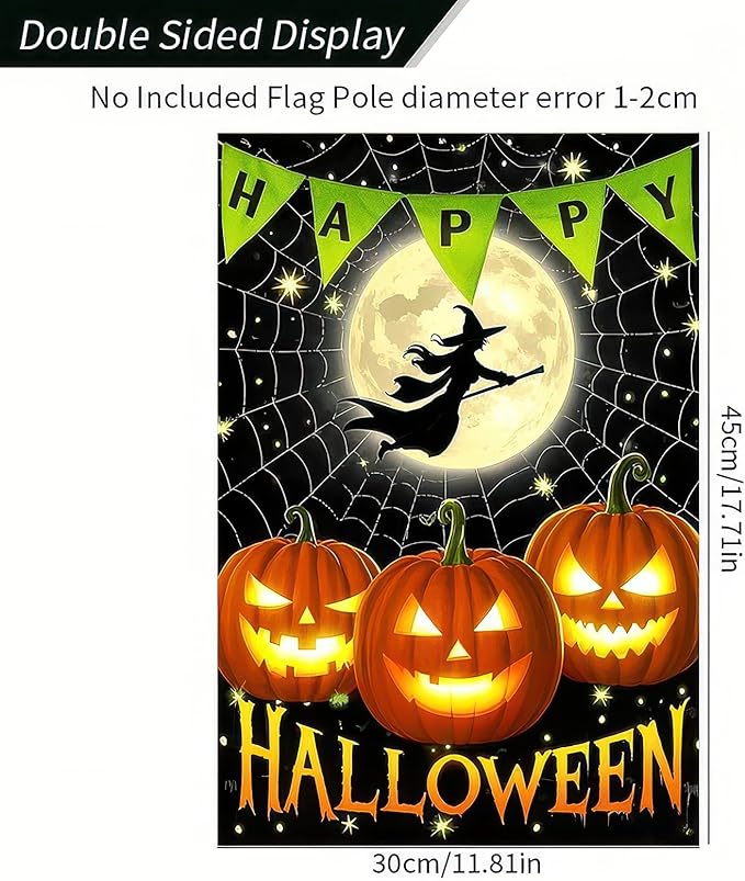 Garden Flags 12x18 Inch Halloween Garden Flag Outdoor Fall Decorations Vertical Double-Sided Witch Pumpkin Moon Banner Yard Sign for Porch Lawn Home Party Garden Decor