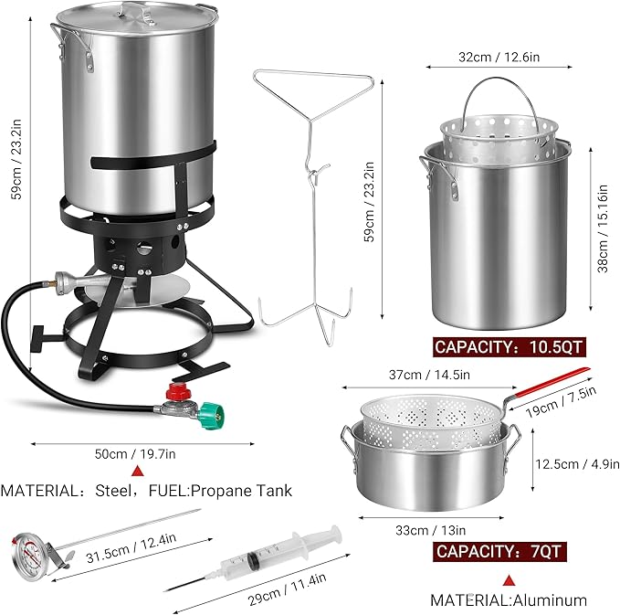 Turkey Fryer with Boiler Steamer Set Basket & 55000BTU Propane Burner, Outdoor Deep Fryer & Seafood Crawfish Boil Pot with Thermometer, Marinade Injector, Turkey Rack & Rack Lifter-OT-3020
