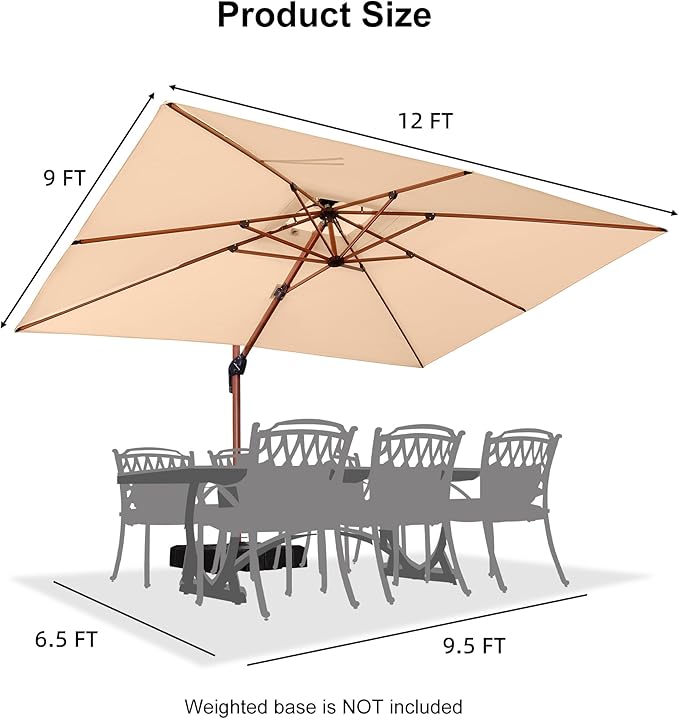 PURPLE LEAF 9' X 12' Double Top Deluxe Wood Pattern Rectangle Patio Umbrella Offset Hanging Umbrella Outdoor Market Umbrella Garden Umbrella, Beige