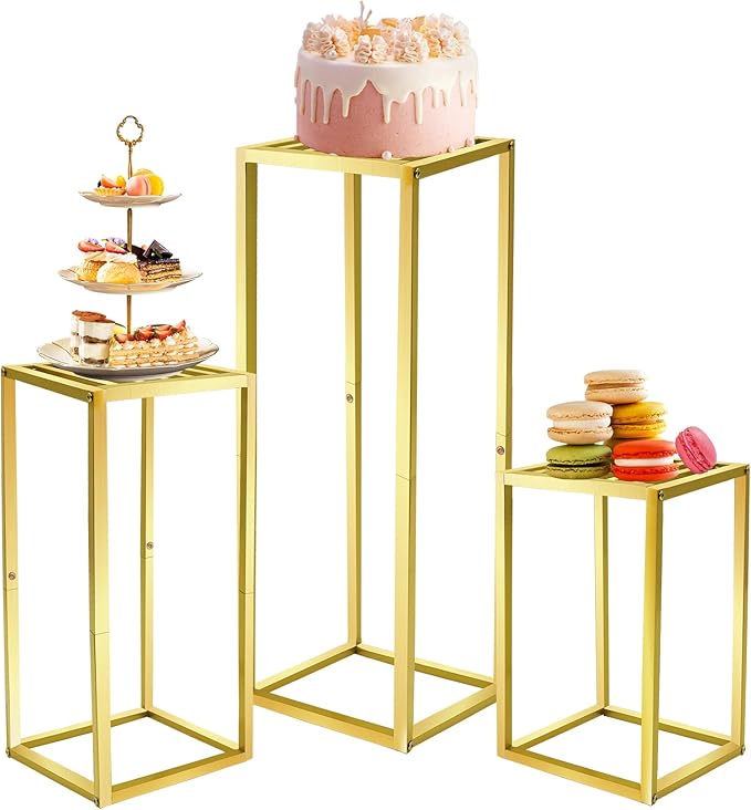 Cylinder Pedestal Stands for Party & Plant,3pcs Square Gold Metal Wedding Flower Display Stand for Centerpieces,15.7/23.6/31.5 inch Tall