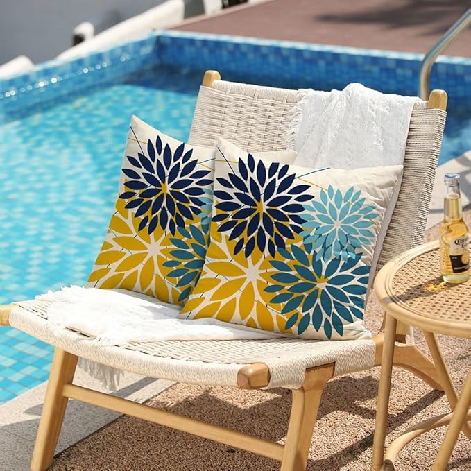 DFXSZ Outdoor Pillow Covers 20x20 Inch Set of 2 Green Yellow Blue Flower Decorative Waterproof Spring Summer Outdoor Pillow Covers for Patio Funiture Garden Couch 168F20