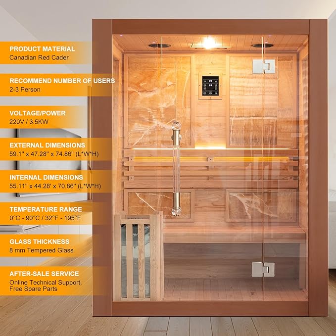 Smartmak Wood Home Steam Sauna, 2 or 3 Person Canadian Red Cedar Traditional Luxurious Wooden Indoor Spa Room, with 3.5 kw Heater, Bluetooth Speaker, Rocks, Water Bucket, Spoon, Lights