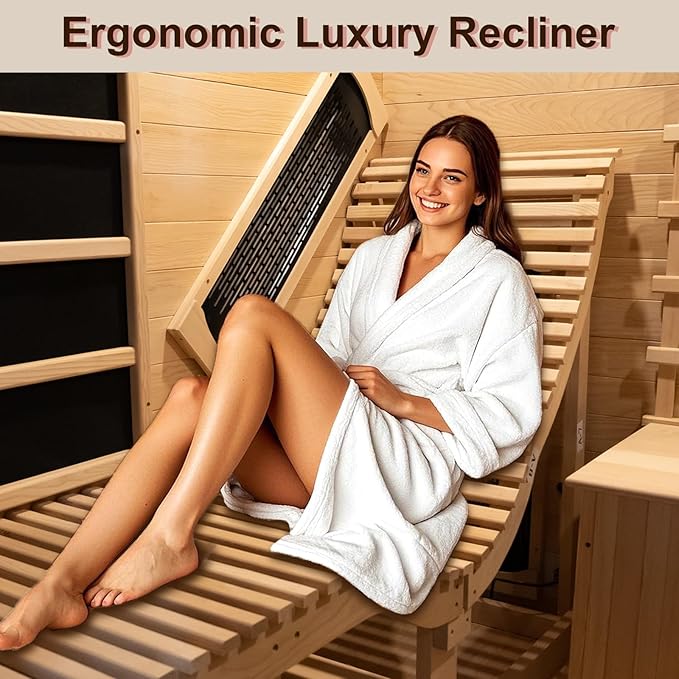 Smartmak Full Spectrum Infrared 2 Person Sauna Room for Home, Red Light Therapy Luxury Recliner Wood Indoor Saunas, Canadian Hemlock Dry Spa Room, 3400W with 10 Heaters, Speakers, Lights, Oxygen Bar