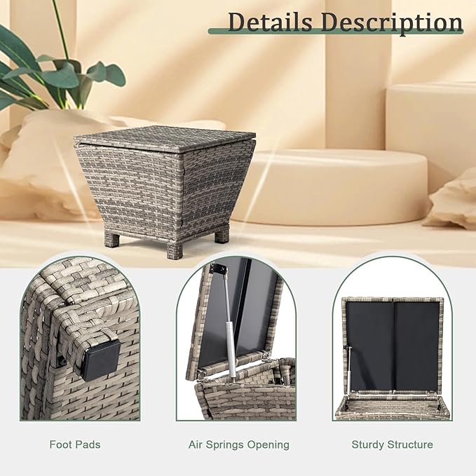 Outvita Outdoor Side Table, Rattan Coffee Table with Storage 13 Gallon Patio Small Deck Storage Box for Cushion Towel Books, Brown Side Table with lid