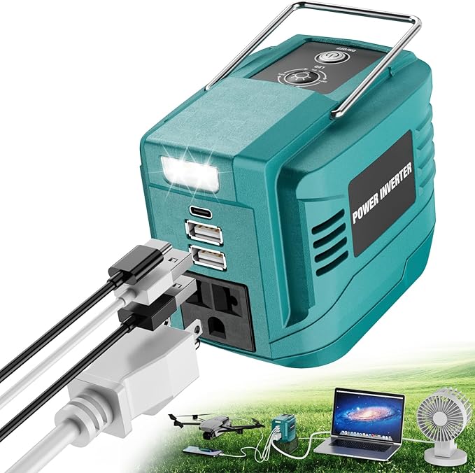 200W Power Inverter for Makita 18V, DC 18V to AC 110V Inverter, Portable Power Station with 2 USB Ports & 1 AC Outlet & 1 Type-C Fast Charging, Battery Adapter with LED, Battery Not Included