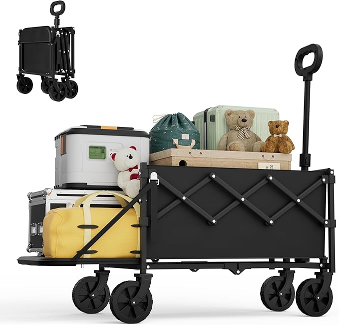 Collapsible Wagon with Tailgate, Ultra-Compact & Portable Folding Wagon with 350lbs Capacity, Lightweight Portable Utility Wagon Cart for Shopping Camping Sports Garden (Black)