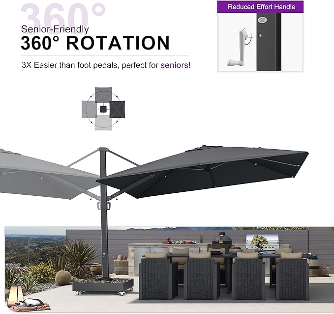 PURPLE LEAF 12' X 9' Rectangle Patio Umbrella Large Outdoor Aluminum Offset Umbrella with 360-degree Rotation Cantilever Umbrella for Garden Deck Backyard Pool Grey