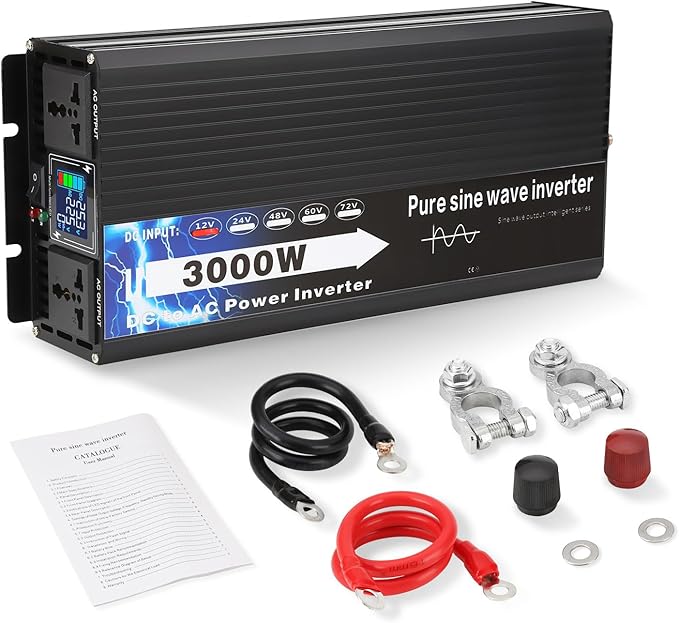 NIHAO 3000W Power Inverters DC 12V to 110V AC Converter with LCD Display, 2 International Socket and Battery Clips for Home, RV, Outdoor, Camping, Boat