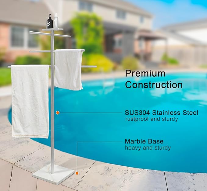 Marble Base Towel Rack for Swimming Pool, Hot Tub Or Spa, 304 Stainless Steel 6 Arms Standing Towel Holder with Tray for Indoor or Outdoor Towel Sheet Drying Rack Brushed Nickel