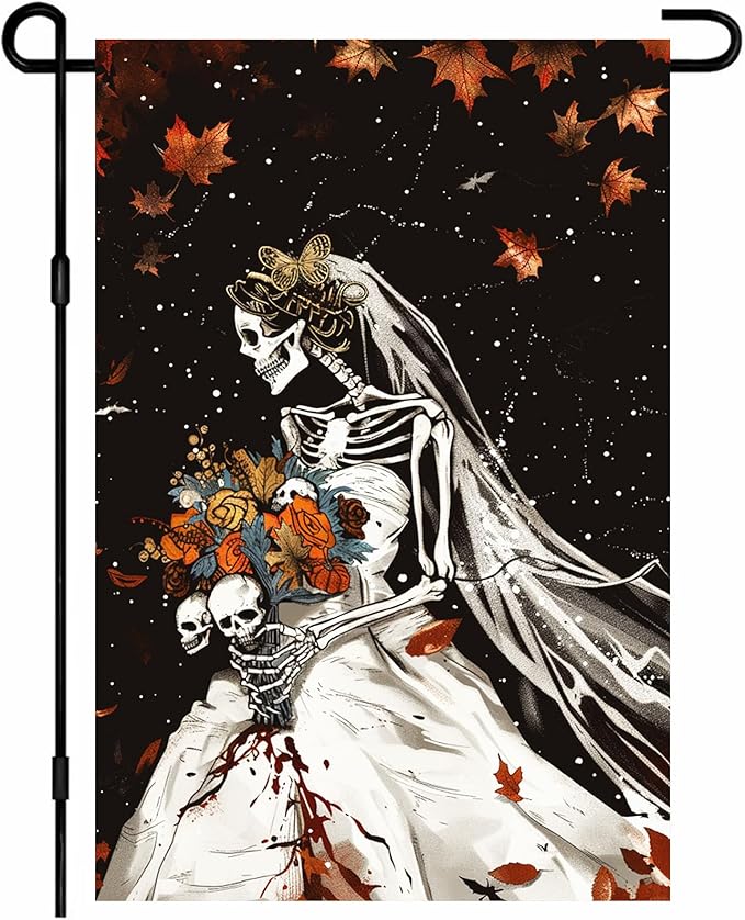 Halloween Horror Garden Flag 12x18 Inch Bloody Skeleton Bride Skull Flower Bouquet Flag Outdoor Yard Decoration House Banner Porch Lawn Patio Home Decor