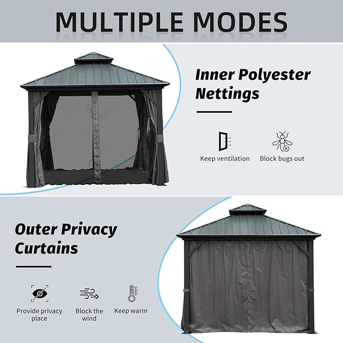 Domi 10’ x 10’ Hardtop Gazebo Metal Frame Canopy with Netting & Curtains, Outdoor Permanent Metal Pavilion with Galvanized Steel Double Roof for Patio Lawn and Garden, Gray