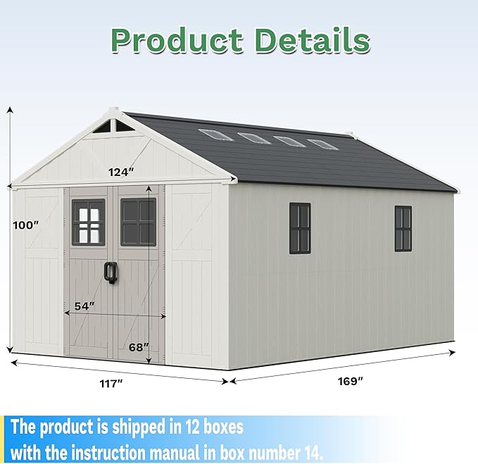 Greesum 10×14 FT Plastic Outdoor Storage Shed with Floor and Lockable Door, Resin Sheds with Windows and Skylights, Weather Resistant Organization for Garden, Lawn, Pool Supplies, Beige