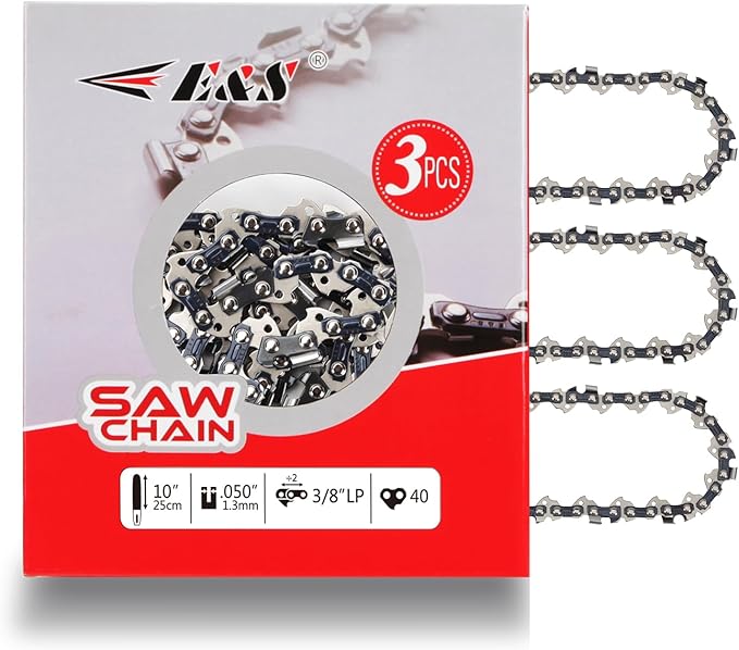 E & S 3 Pack 10 Inch Chainsaw Chain 3/8" LP Pitch .050" Gauge 40 Drive Links Semi-Chisel Chain Saw Chains for Husqvarna, Poulan, Craftsman, Greenworks and More Chainsaw Brands