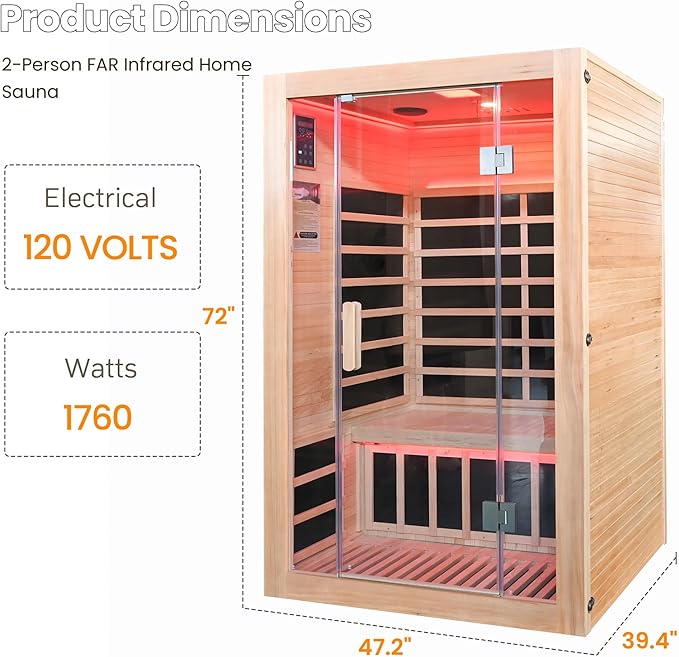 2-Person Home Infrared Sauna with Red Light Therapy & Bluetooth Speakers Dry Heat Sauna for Home & Gym 1760W 120V Low EMF with Control Panel, Indoor Personal Luxury Spa for House and Gym