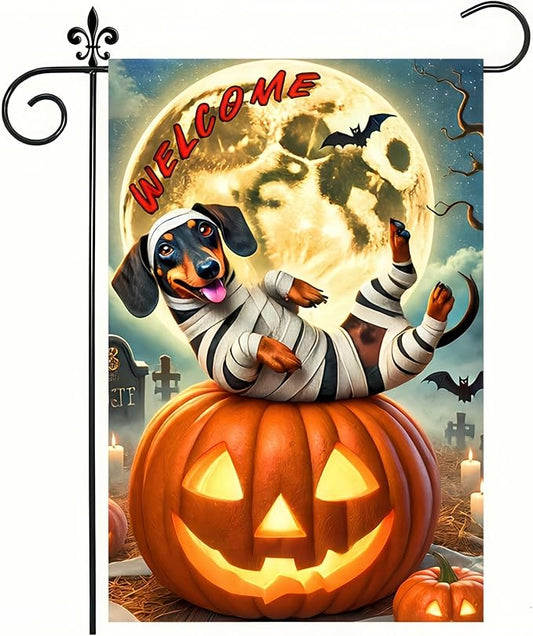 Happy Halloween Garden Flags 12x18 Inch Vertical Double Sided Skeleton Dachshund Dog Garden Flag Small Yard Pumpkin Flag for Outdoor Decor Outside Decoration Banner