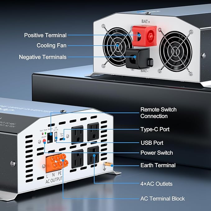 48V 2500 Watt Pure Sine Wave Inverter - 48V DC to 110V 120V AC Converter,5000W Peak Power Inverter with 4 AC Outlets,USB Port,Type-C,Remote Control LCD Display for Truck, RV, Vehicles, Solar Off-Grid
