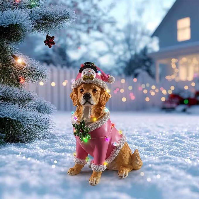 Christmas Outdoor Decoration Dog Statue, LED Light Cute Golden Retriever Dog Sculpture with Pink Santa Outfit & Lights for Garden and Yard, Indoor Holiday Décor Gift for mom and dad