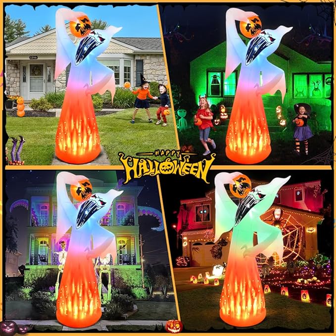 10 FT Halloween Inflatables Ghost with Pumpkin Decoration, Built in Flame Rotation LEDs Huge Halloween Inflatable Large Spooky Blow Ups Halloween, Party, Indoor, Outdoor, Garden, Yard Lawn