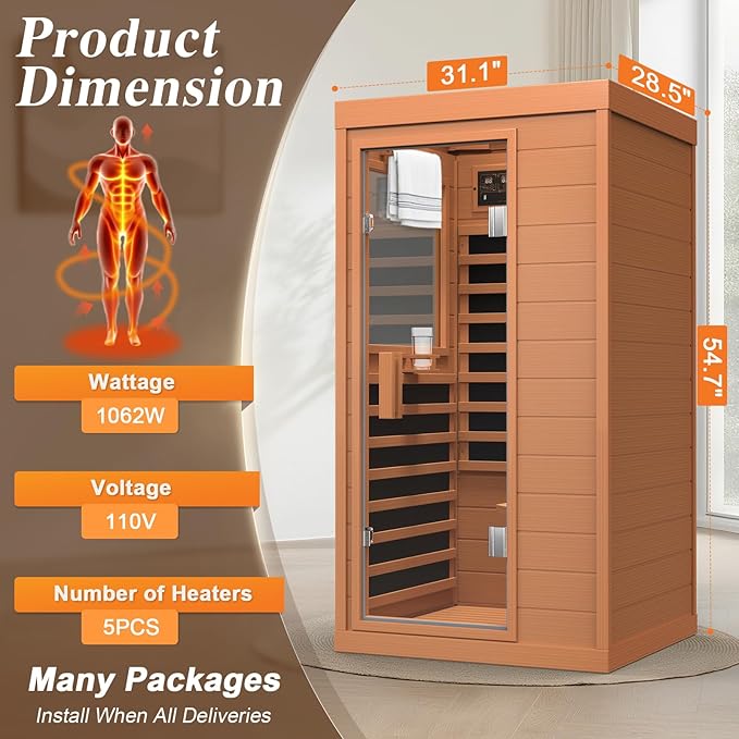 Upgraded 1 Person Sauna Infrared Sauna with Backrest, Hemlock Dry Sauna Indoor Wood Sauna for Home, 1062W 110V Red Light Far Infrared Sauna Low EMF with Integrated Speakers, Reading Lamp (Red)