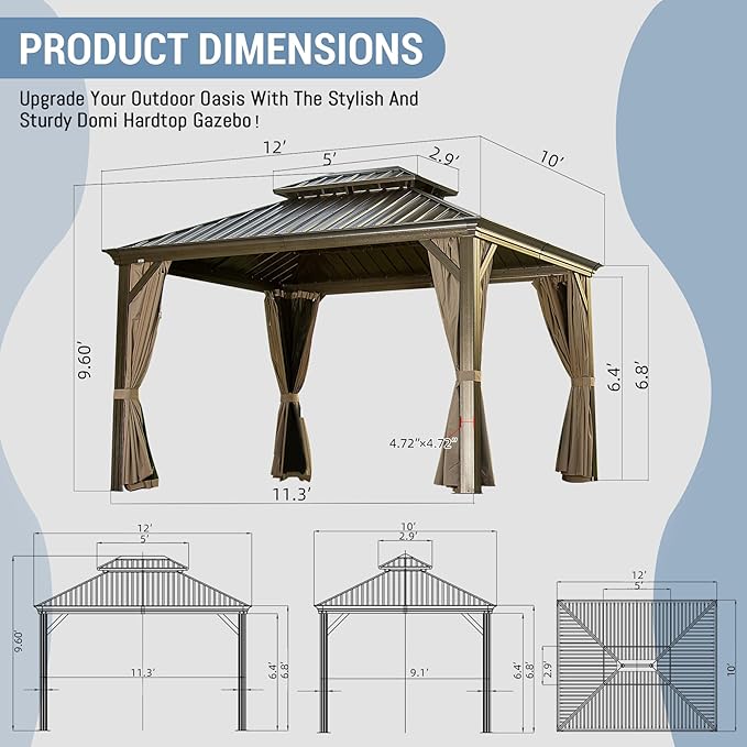 Domi 10' X 12' Hardtop Gazebo Permanent Outdoor Gazebo with Galvanized Steel Double Roof, Aluminum Frame, Curtains and Netting for Patio Lawn and Garden, Brown