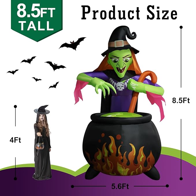 8.5Ft Tall Giant Halloween Inflatables Witch Cauldron Decorations, Scary Blow Up Yard Decor Build-in 5 Led Lights for Outdoor Party Lawn Garden