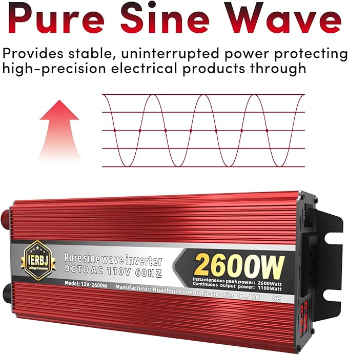 IERBJ 1100W Power Inverter, DC 12V to AC 110V, 2600W Peak Power, LED Display, Pure Sine Wave,Cooling Fan,for Vehicles,Car,RV,Truck,Ship