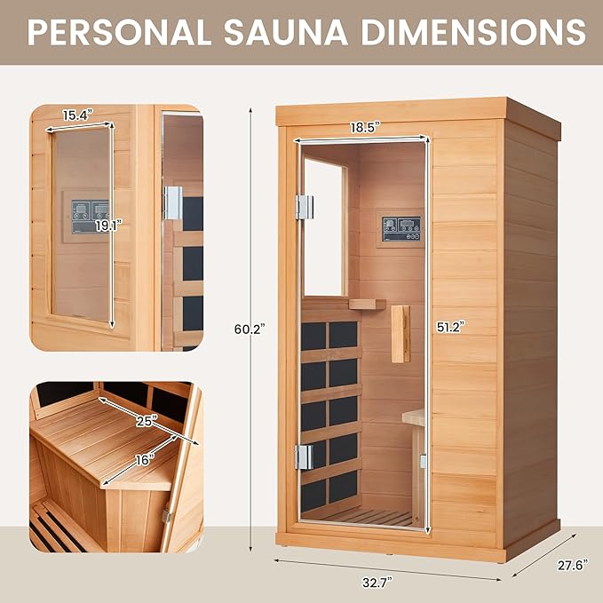 1 Person Infrared Sauna, Hemlock Wooden Indoor Dry Saunas，Full Spectrum Mini Sauna with 4 Heater Panels, Bluetooth Speaker, Tempered Glass Door, Compact and Easy to Use, 110V