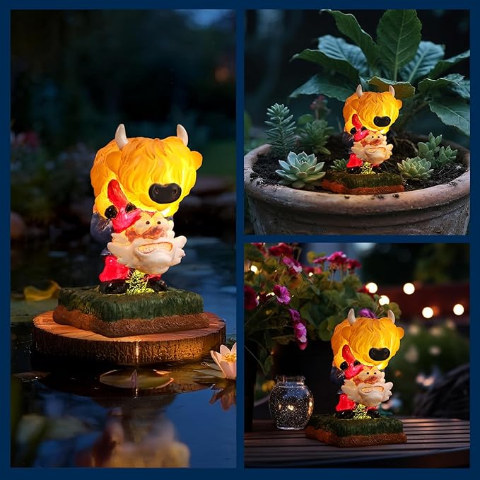 Garden Statue–Grome&Highland Cow Outdoor Decor Solar Light for Yard, Patio or Balcony–Eco-Friendly Resin Figurine Gift for Parents, Friends, Coworkers–Christmas, White Elephant, Thanksgiving, Birthday