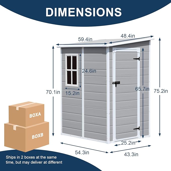 CDCASA 5x4 FT Resin Storage Shed, Waterproof Outdoor Shed with Floor & Window & Lockable Door Included, Outside Plastic Tool Sheds for Garden, Patio, Backyard, Lawn, Light Gray