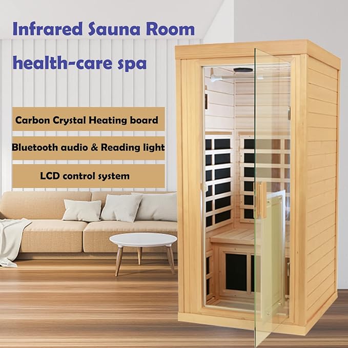 1 Person Infrared Sauna Indoor Sauna Room for Home, 8pcs Infrared Carbon Heating Panels, Hemlock Personal Saunas with Clothing Hanging Rod, LCD Display, Blue-Tooth, LED Reading Lamp