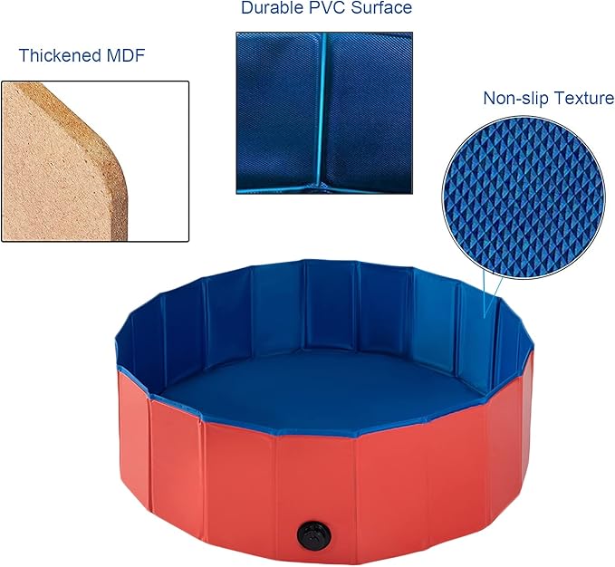 Foldable Pet Dog Kids Swimming Pool(32'' x 8''),Plastic Anti-Slip PVC Bathing Tub Swimming Pool Durable Fiberboard Kiddie Pool Red
