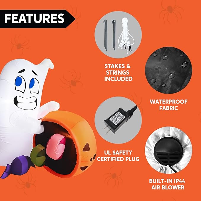 Joiedomi 5 FT Tall Halloween Inflatable Outdoor Decorations, Halloween Ghost Blow Up Yard Decorations, Inflatable Ghost with Candy Pumpkin Cauldron for Garden Decoration