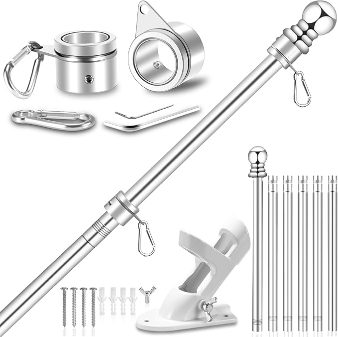 7 FT 1 Inch Spinning Flag Pole Kit for Outside House Porch Residential Wall Mounting, Stainless Metal Flag Poles for 3x5 4x6 Flag with 2-Position Holder Bracket, Rotating Flagpole Rings (7 FT, Silver)