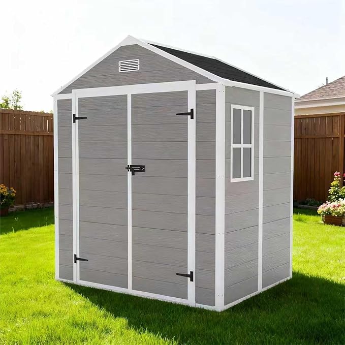 6x5 FT Outdoor Resin Storage Shed with Floor and Window, Outside Waterproof Plastic Garden Sheds w/Lockable Door & Vents, All-Weather Tool House for Patio, Backyard, Lawn, Grey