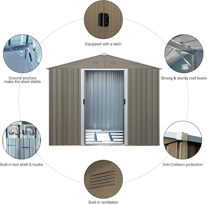 8x10 ft Outdoor Metal Storage Shed with Floor Foundation and Window, Lockable Galvanized Steel Tool Shed with Sliding Door and Air Vent, Waterproof Garden Storage House for Backyard, Patio