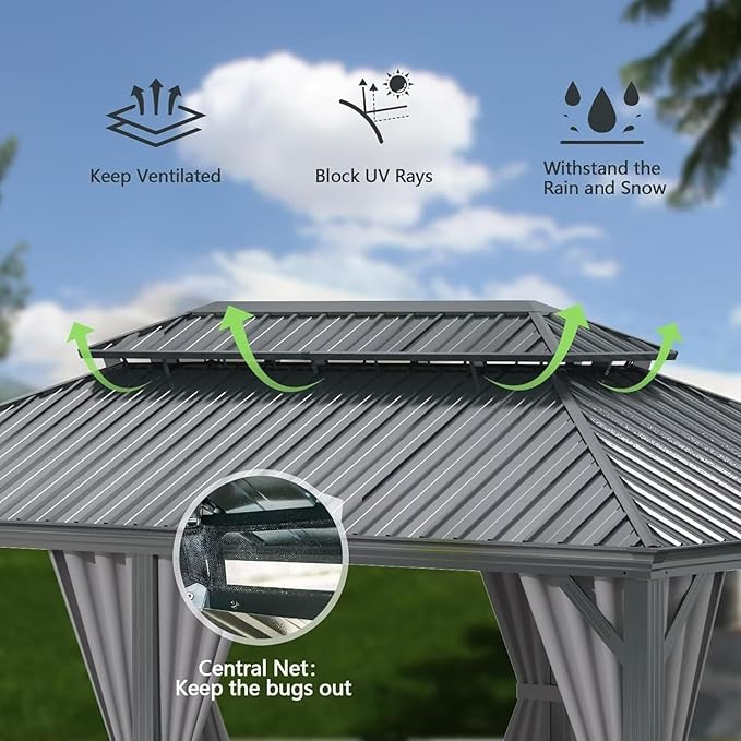 Domi 14'x22' Hardtop Gazebo Canopy,Outdoor Aluminum Gazebo with Galvanized Steel Double Roof, Extra Large Permanent Gazebo Pavilion for Patio Deck Backyard,Curtain and Netting,Grey
