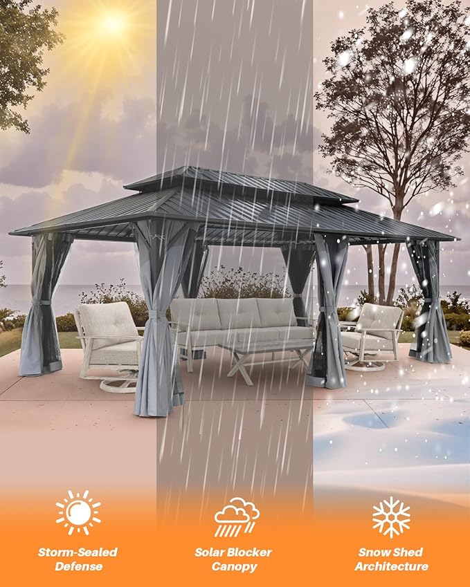 12' x 20' Hardtop Gazebo, Outdoor Patio Gazebo, Aluminum Frame Patio Hardtop Gazebos with Netting and Curtain, Outdoor Patio Pergola with Double Steel Roofs for Deck, Lawn, Parties, Slate Gray